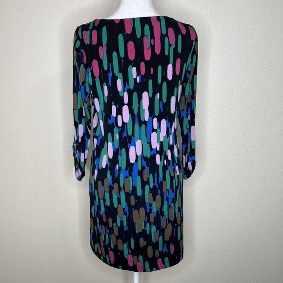 Tibi Black Abstract Colorful Strokes 3/4 Sleeve Stretchy Sheath Mini Dress XS - Picture 6 of 12